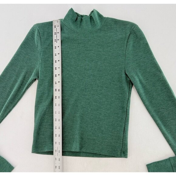 American Eagle Green Ribbed Long Sleeve Mock Neck Crop‎ Shirt Sz M Minimal Boho - Picture 6 of 7